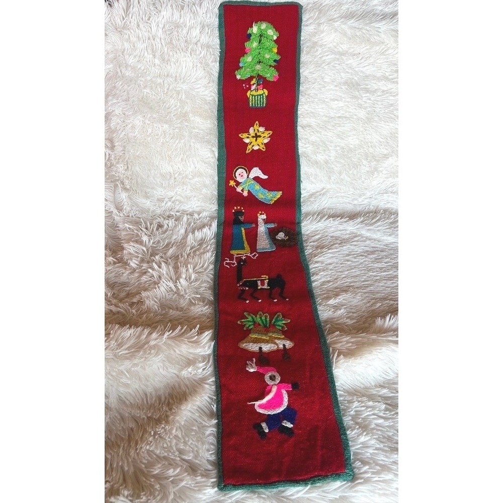 Kunturi Christmas Wall Hanging 36x6" Red Wool Hand Embroidered Nativity Llama